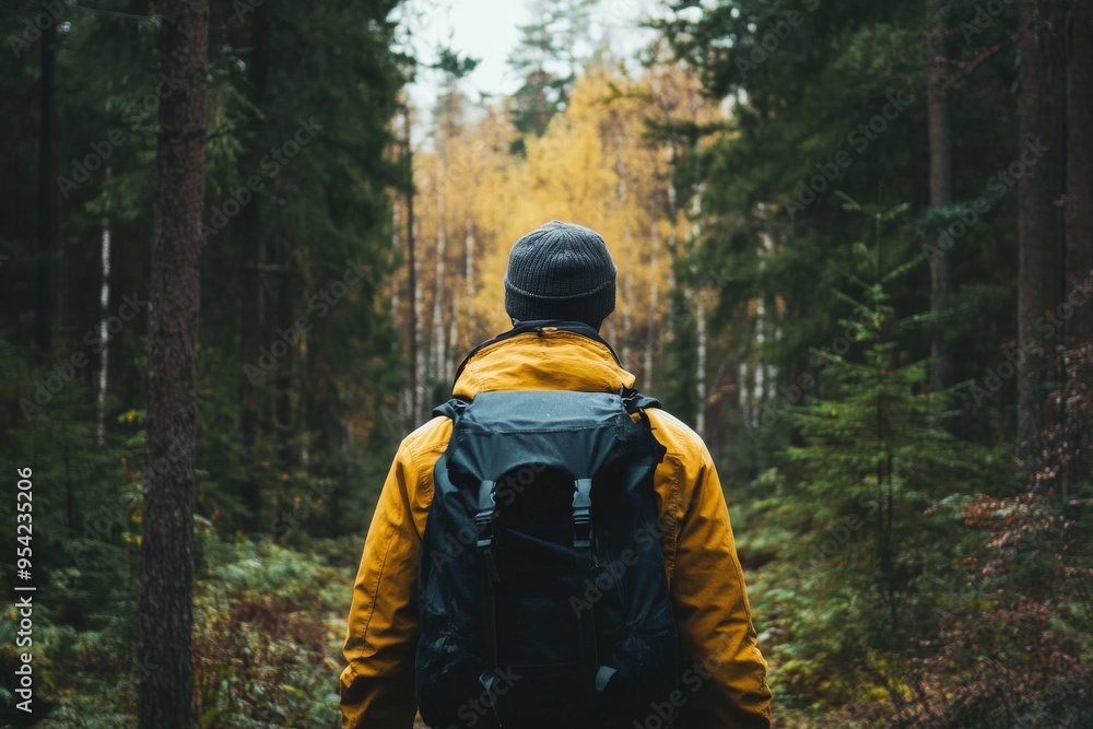 Man Hiking in Autumn Forest with Backpack on Overcast Day in Nature Man Hiking in Autumn Forest with Backpack on Overcast Day in Nature