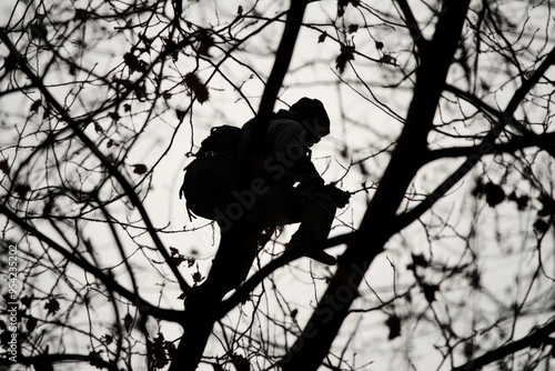 Silhouette of Person Among Bare Tree Branches in a Monochrome Winter Scene photo