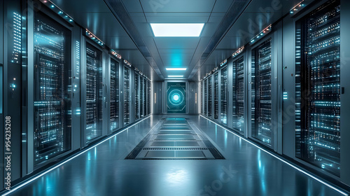 Modern server room corridor...