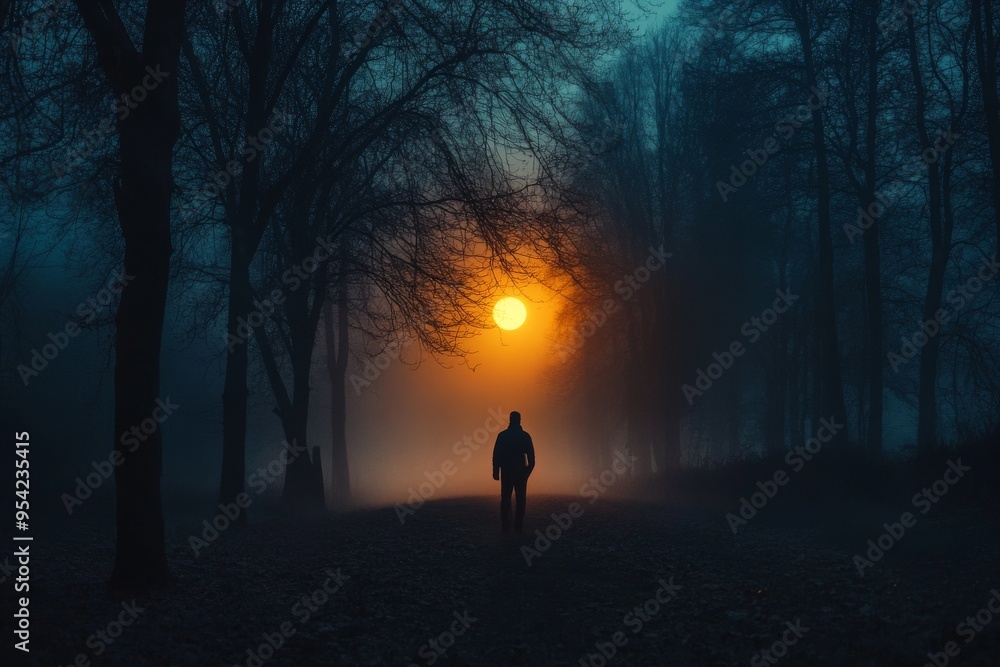 Silhouette of a person walking on a foggy forest path with a glowing sunset in the background Silhouette of a person walking on a foggy forest path with a glowing sunset in the background