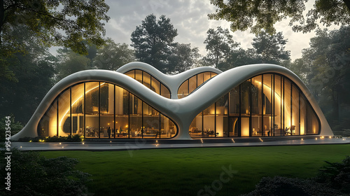 Modern, curved house with l...