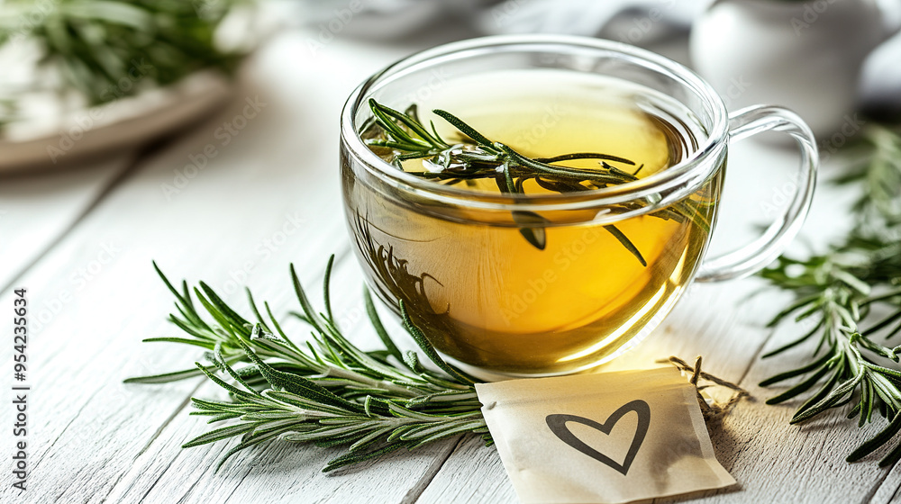 Green tea and rosemary on a wooden table Green tea and rosemary on a wooden table