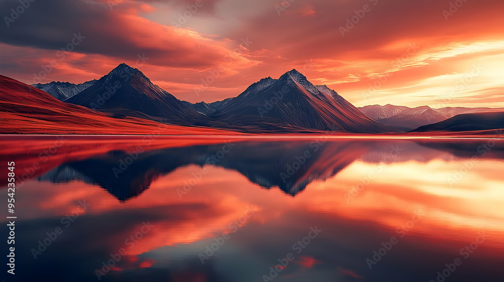Fototapeta premium Mountain reflection in a still lake at sunset.
