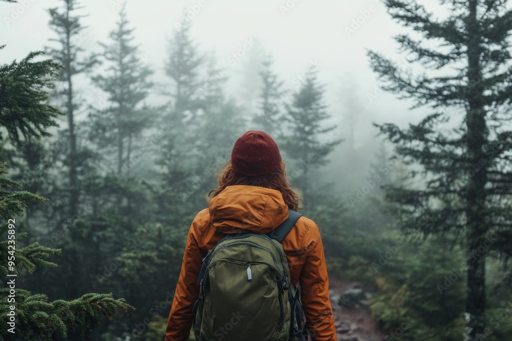 Hiker Exploring Misty Forest Trail with Backpack in Early Morning Light Hiker Exploring Misty Forest Trail with Backpack in Early Morning Light