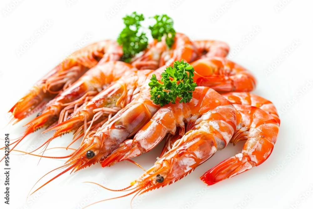 Freshly sourced shrimp garnished with parsley on a clean white background, highlighting the vibrant colors and textures of seafood. Generative AI Freshly sourced shrimp garnished with parsley on a clean white background, highlighting the vibrant colors and textures of seafood. Generative AI