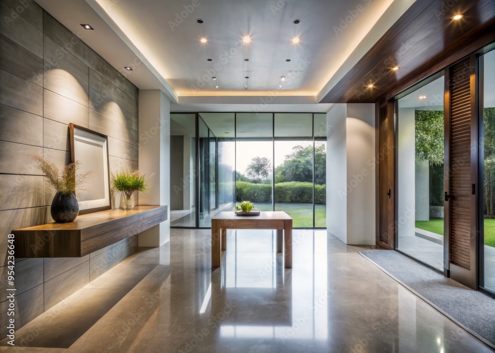 Sleek, high-ceilinged entryway features recessed lighting, polished concrete floors, and a minimalist floating console Sleek, high-ceilinged entryway features recessed lighting, polished concrete floors, and a minimalist floating console