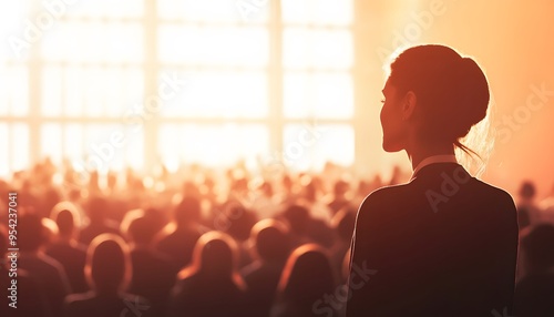 Silhouette of a Woman Facing a Crowd in Sunlight