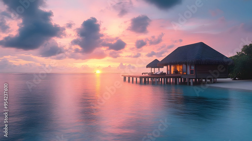 Overwater bungalow at sunse...