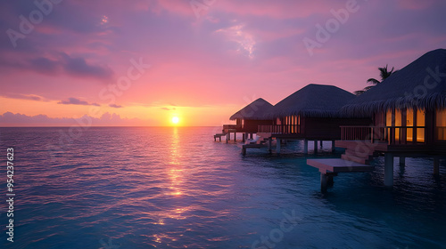 Overwater bungalows at sunset with a golden glow reflecting on the calm sea.