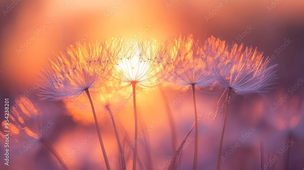 Obraz premium Dandelion Seeds Illuminated by Sunset Glow