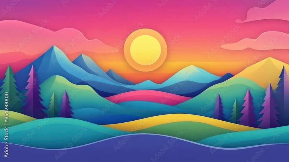 A stunning digital art of a colorful sunrise over majestic mountains, showcasing vibrant hues in a cartoon style landscape. A stunning digital art of a colorful sunrise over majestic mountains, showcasing vibrant hues in a cartoon style landscape.