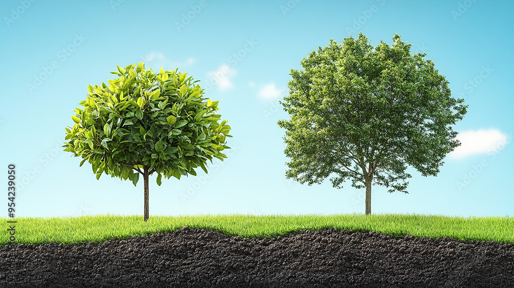 Obraz premium Two trees growing on top of dirt with a green grass background