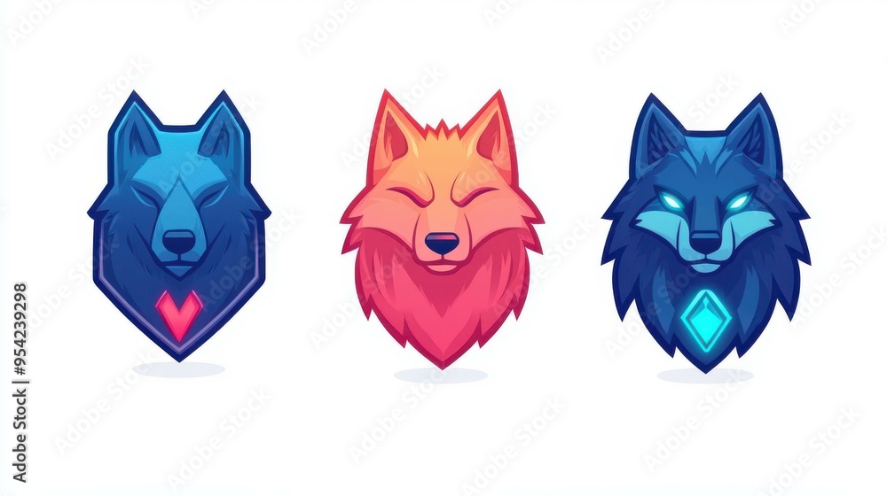 Bold wolf emblem in vibrant neon with a metal touch, perfect for cyberpunk gaming aesthetics. Eyecatching design in flat cartoon style. Bold wolf emblem in vibrant neon with a metal touch, perfect for cyberpunk gaming aesthetics. Eyecatching design in flat cartoon style.