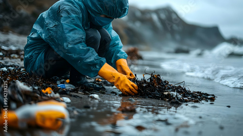 Person wearing blue raincoat and yellow gloves picks up debris from the beach. photo