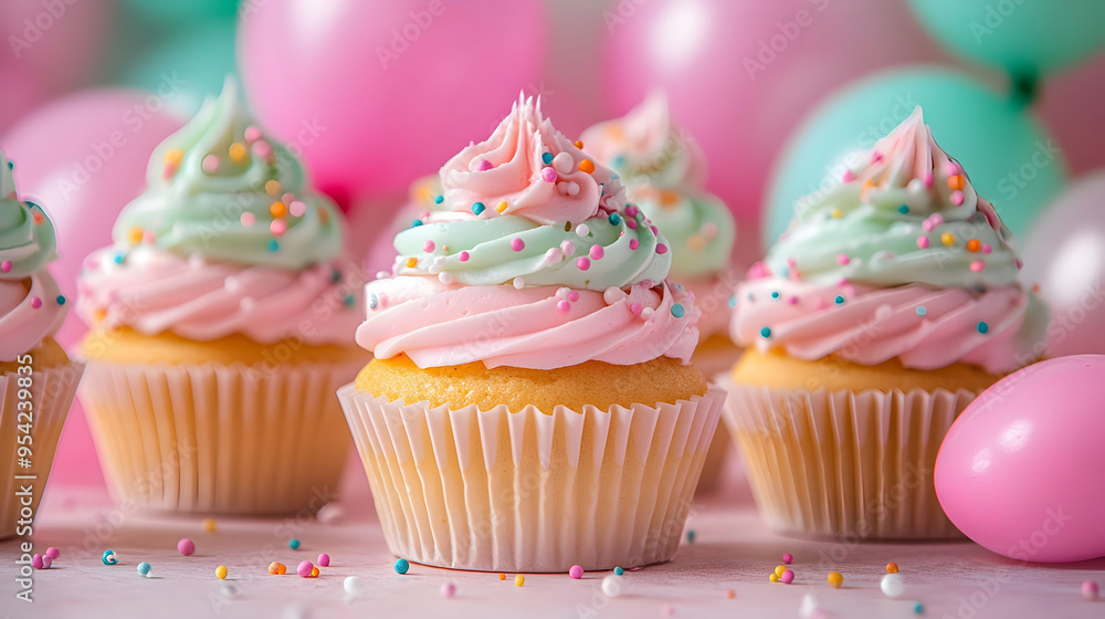 Pink and green frosted cupcakes with sprinkles and pink balloons. Pink and green frosted cupcakes with sprinkles and pink balloons.