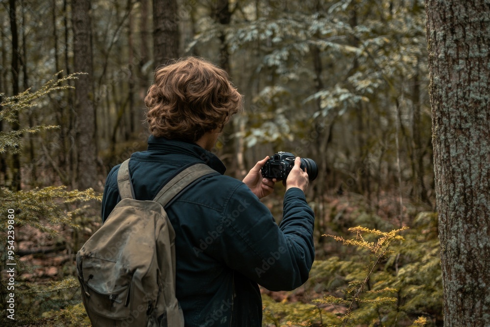 Nature Photographer Taking Pictures in Forest with Camera and Backpack Nature Photographer Taking Pictures in Forest with Camera and Backpack