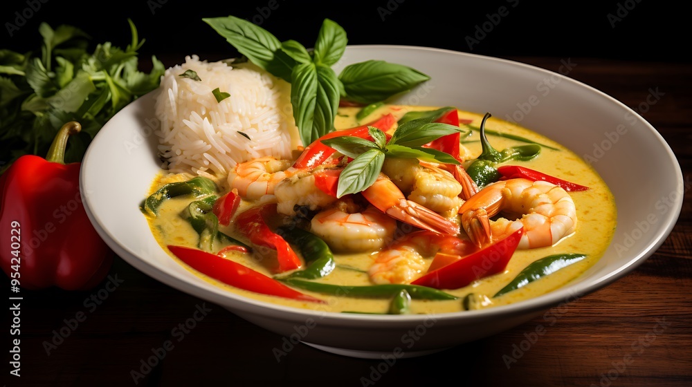 A flavorful and spicy plate of Thai green curry with shrimp and bell peppers.