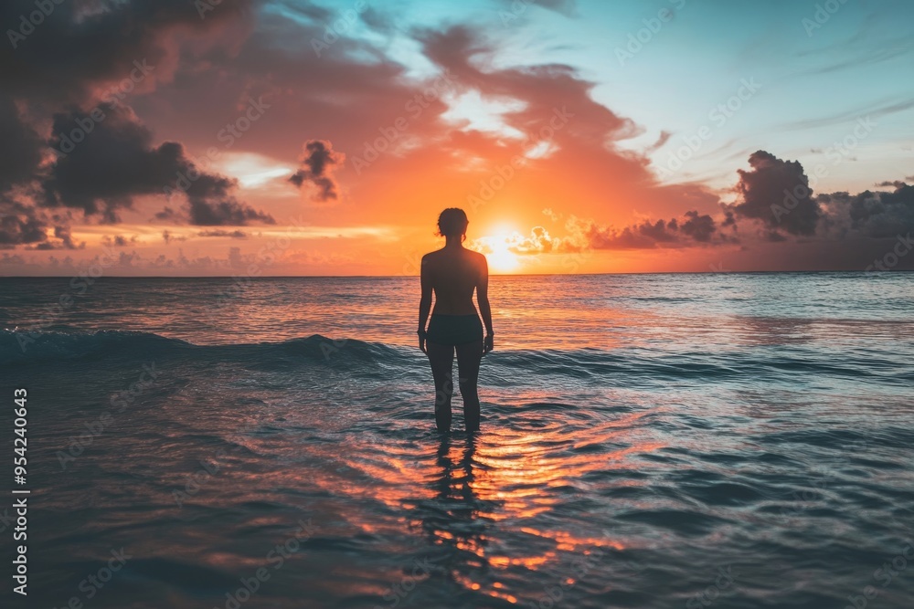 Fototapeta premium Silhouette of a Person Standing in Ocean at Sunset with Dramatic Sky