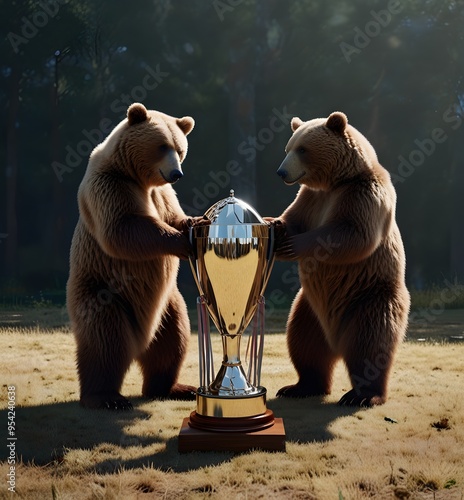 Two bears are standing in front of a trophy, one of them is holding the trophy