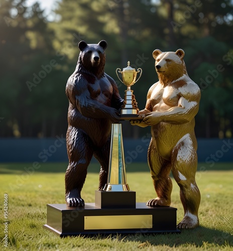 Two bears are standing in front of a trophy, one of them is holding the trophy