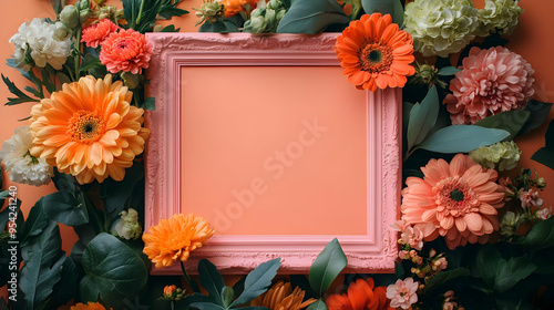 Pink frame surrounded by or...