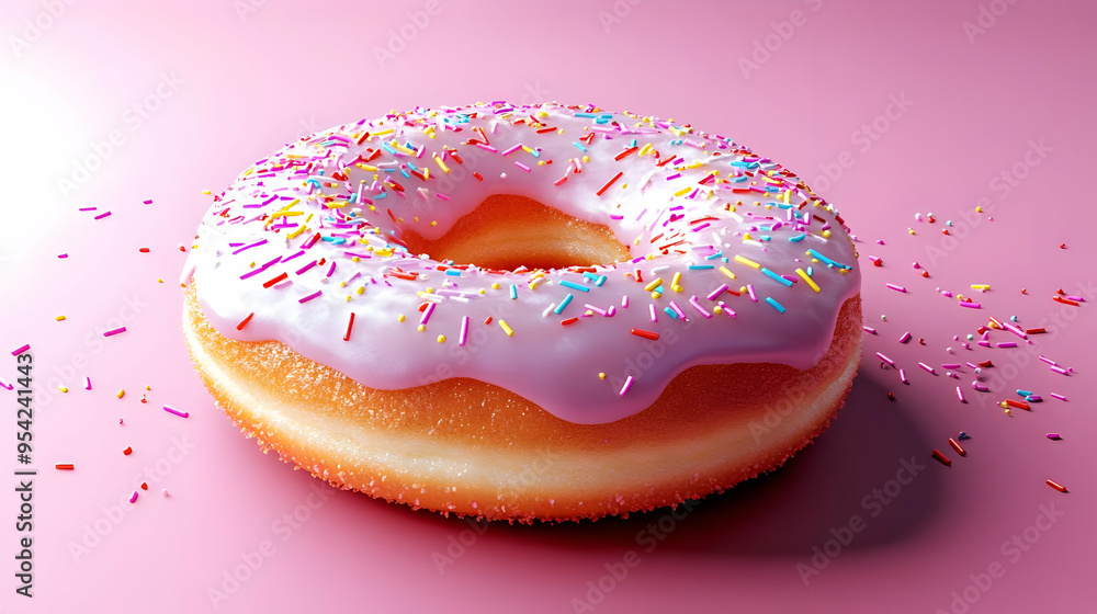 Pink frosted donut with sprinkles on a pink background. Pink frosted donut with sprinkles on a pink background.
