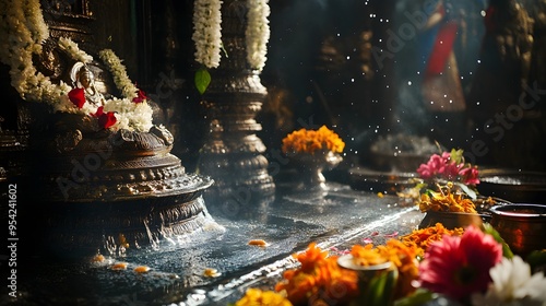 5. **A tranquil image of the morning Jalabhishek, highlighting the process of holy water being offered to the Shiva Lingam, surrounded by traditional temple decor, fresh flowers, and a peaceful photo