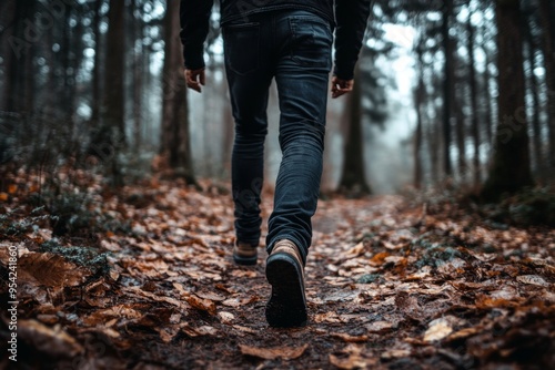 Photograph of a Person Walking Through a Foggy Forest Path Covered with Autumn Leaves