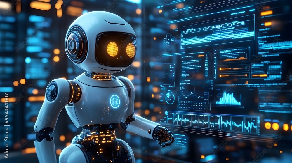 A digital depicting a futuristic robot equipped with advanced data analysis and reporting capabilities A digital depicting a futuristic robot equipped with advanced data analysis and reporting capabilities