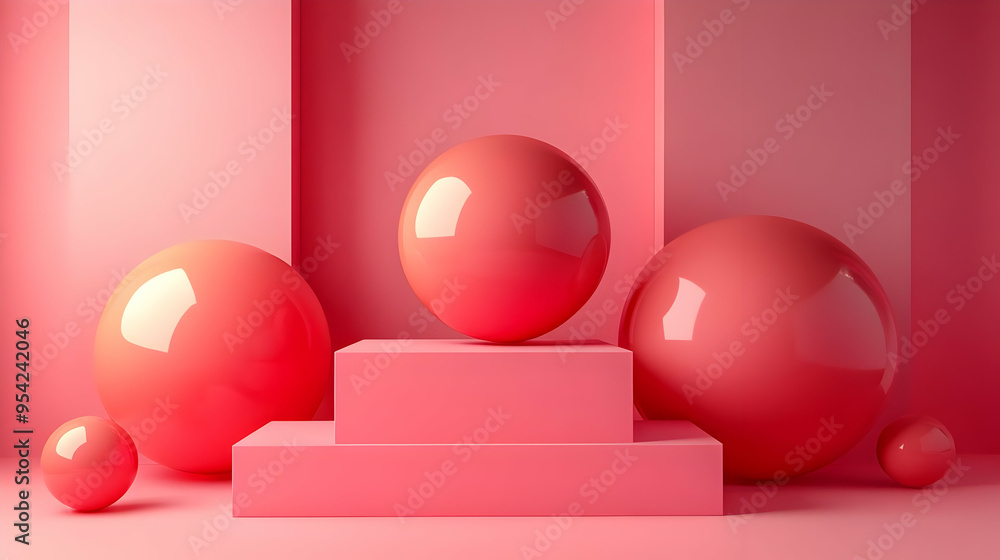 Pink spheres and platforms create a minimalist abstract composition. Pink spheres and platforms create a minimalist abstract composition.