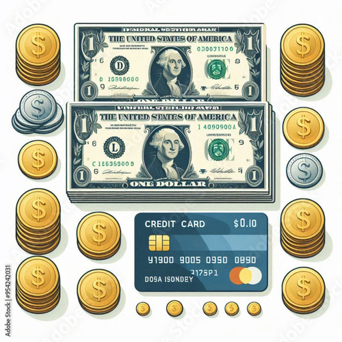 Free  Money vector money photo Gold coins and banknotes 3d cartoon style icon black Friday 
