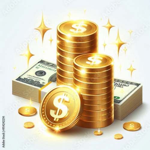 Free  Money vector money photo Gold coins and banknotes 3d cartoon style icon black Friday 
