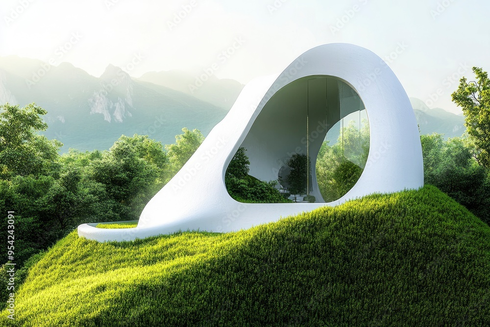 Fototapeta premium sustainable green building environmentally friendly buildings Future green business idea Environmental sustainability goals in 2050. White building shape amidst pristine nature. , ai