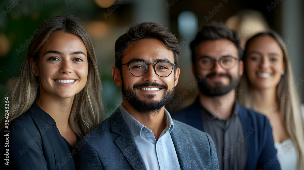 Portrait of a diverse group of four smiling professionals in a modern office setting. Portrait of a diverse group of four smiling professionals in a modern office setting.