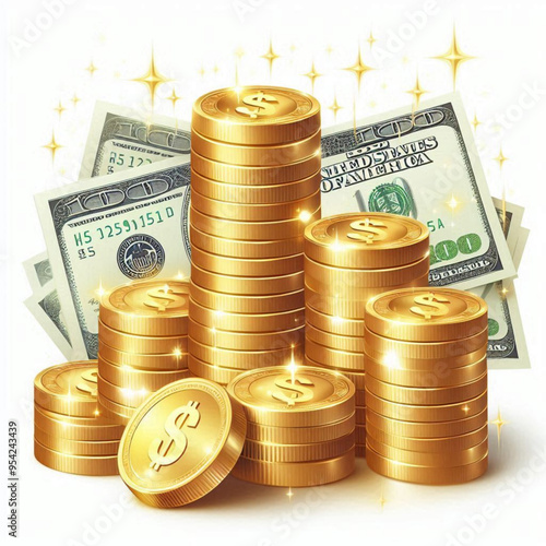 Free  Money vector money photo Gold coins and banknotes 3d cartoon style icon black Friday 
