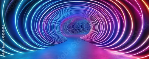 Concentric rings of light moving in sync within a cosmic art installation, viewed from a low angle, holographic, sci-fi style, glowing neon edges