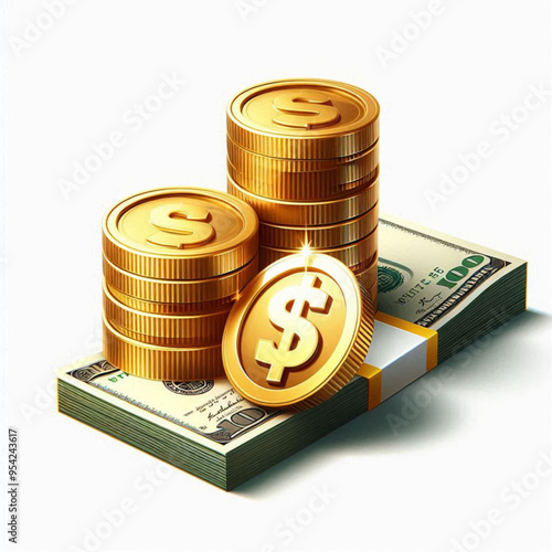 Free  Money vector money photo Gold coins and banknotes 3d cartoon style icon black Friday 
