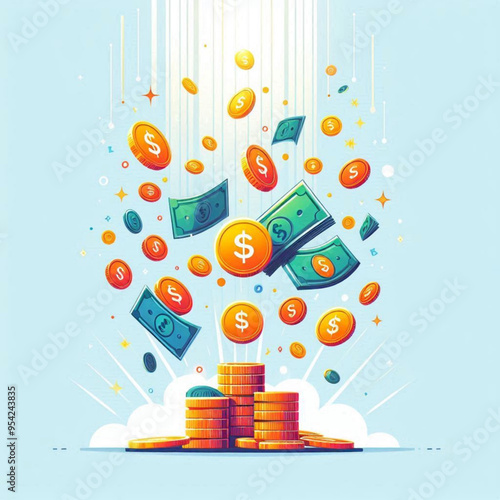 Free  Money vector money photo Gold coins and banknotes 3d cartoon style icon black Friday 
