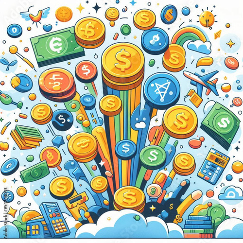 Free  Money vector money photo Gold coins and banknotes 3d cartoon style icon black Friday 
