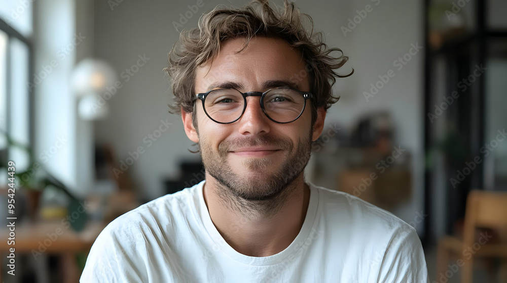 Obraz premium Portrait of a smiling man wearing glasses and a white t-shirt.