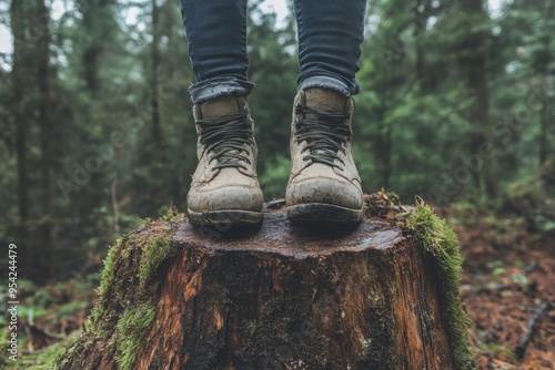 Close-Up of Hiking Boots on Mossy Tree Stump in Forest Adventure Scene