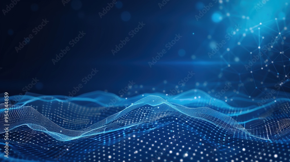 Abstract digital landscape with flowing lines and glowing particles. Abstract digital landscape with flowing lines and glowing particles.