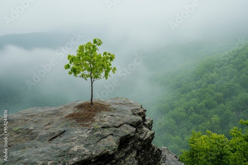 Lone Sapling Thriving on Misty Mountain Overlook , ai