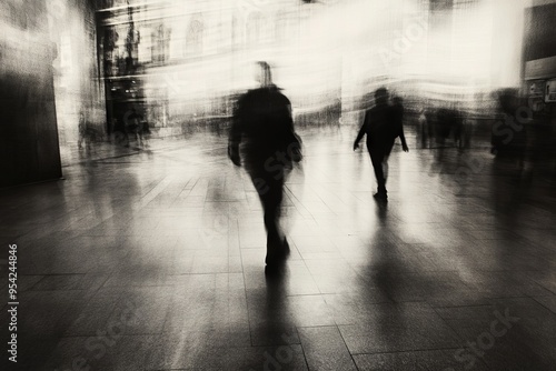 Black and White Blurred Motion Study of People Moving Inside a Busy Terminal