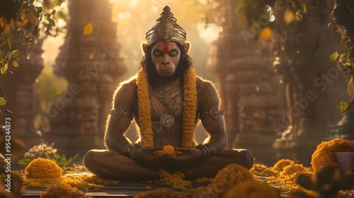 2. **A serene depiction of Lord Hanuman seated in a meditative posture, with a peaceful expression, adorned in traditional attire and surrounded by a soft, glowing aura that signifies his divine