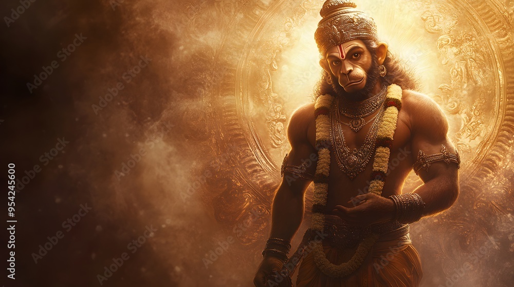 5. **An elegant portrayal of Lord Hanuman, standing tall with his mace and a confident expression, set against a backdrop of divine light and intricate traditional patterns, embodying strength and 5. **An elegant portrayal of Lord Hanuman, standing tall with his mace and a confident expression, set against a backdrop of divine light and intricate traditional patterns, embodying strength and
