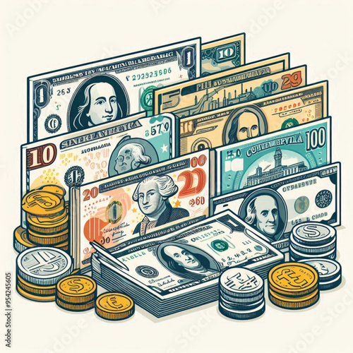 Free  Money vector money photo Gold coins and banknotes 3d cartoon style icon black Friday 
