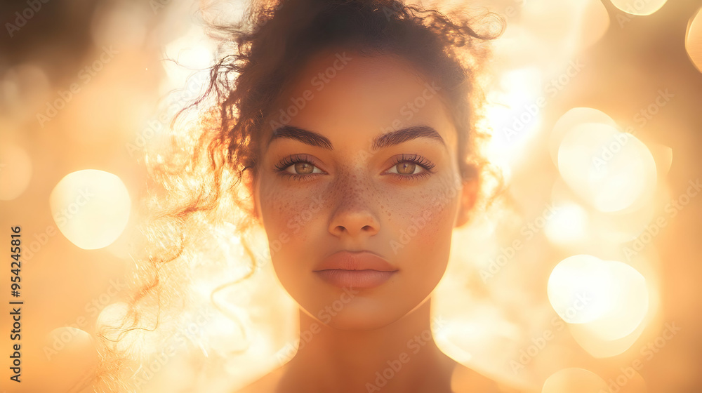 Portrait of a woman with freckles looking at the camera with warm light bokeh. Portrait of a woman with freckles looking at the camera with warm light bokeh.