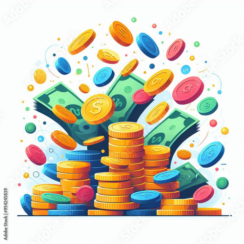 Free  Money vector money photo Gold coins and banknotes 3d cartoon style icon black Friday 
