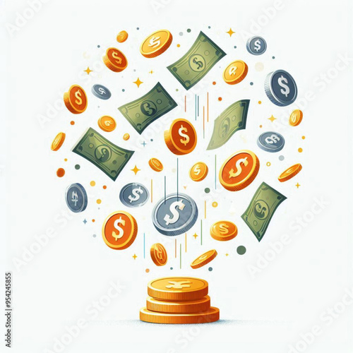 Free  Money vector money photo Gold coins and banknotes 3d cartoon style icon black Friday 
